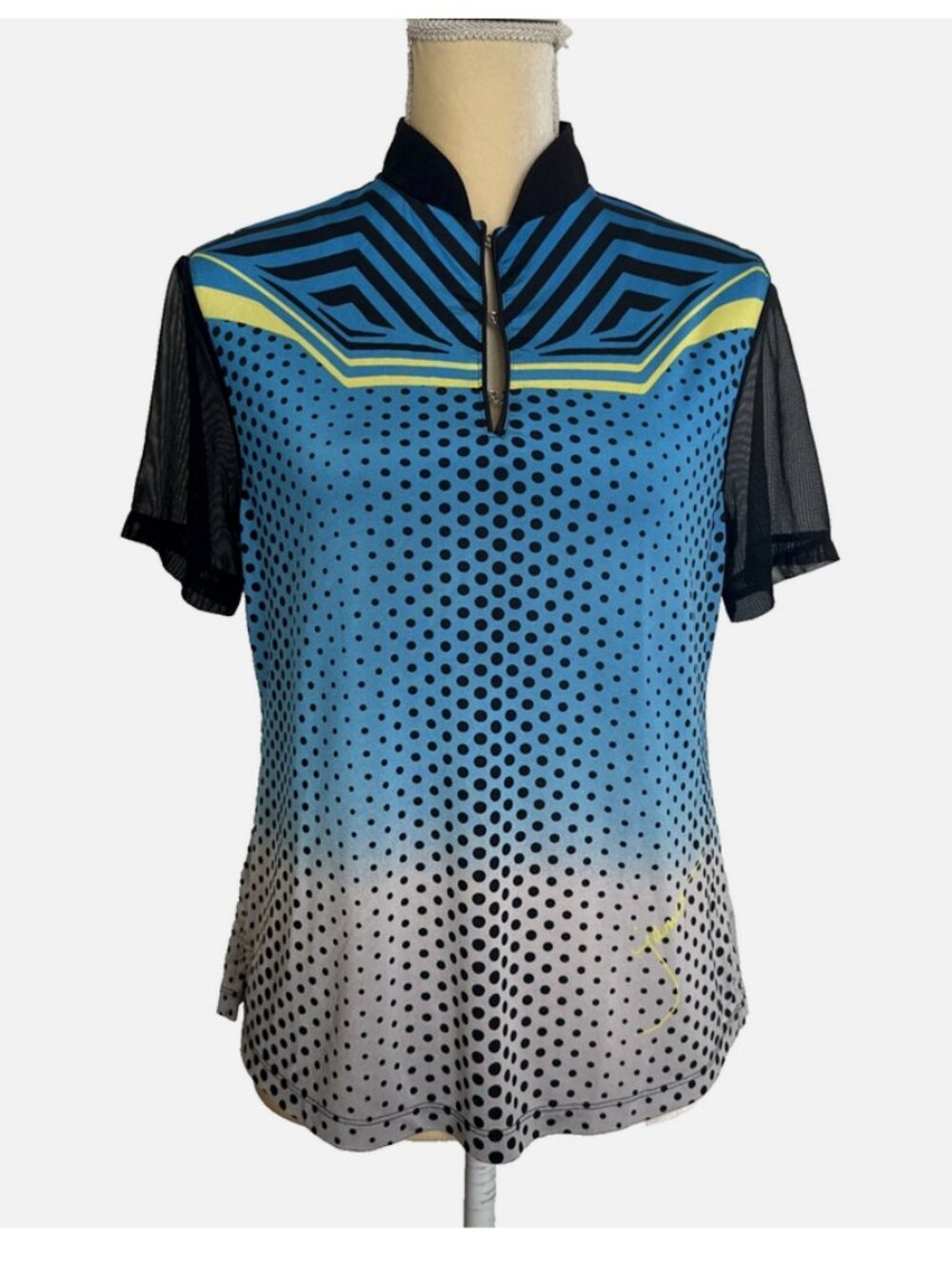 JAMIE SADOCK Aqua Blue Polka Dots Top Medium Mesh Short Sleeves